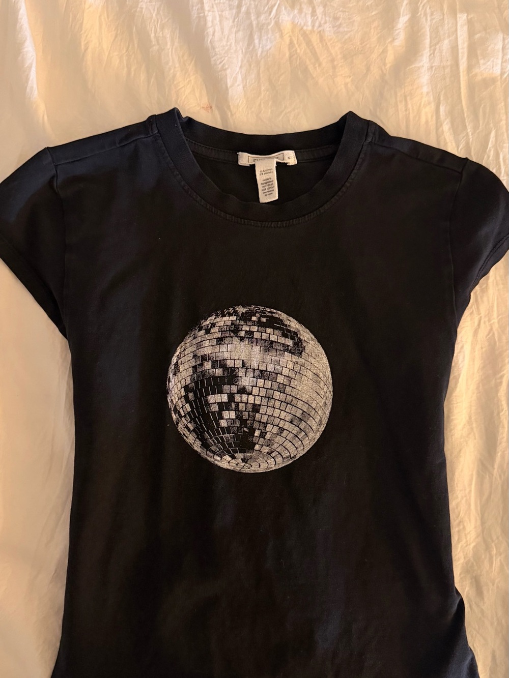 Black Graphic Tee with Silver Disco Ball